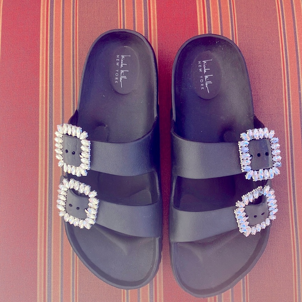 Nicole Miller sandals.  With jeweled buckles.  The buckles can be adjusted